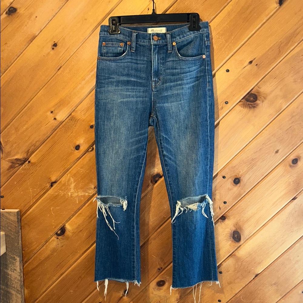 Madewell the Cali 10” high riser Demi boot distressed raw hem crop flare jeans